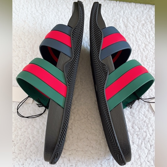 Authentic Gucci Men's Agrado Rubber Double Strap Stripe Slides Sandals - Picture 9 of 16